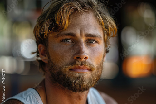 portrait of handsome bearded blond man outdoors