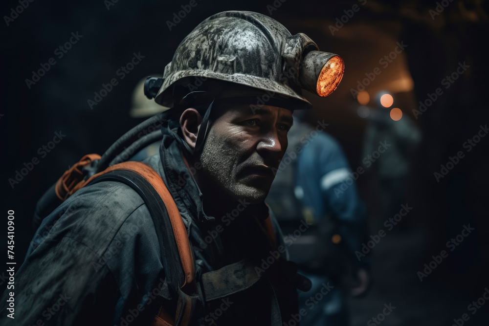 Coal miner with hard hat and headlamp in underground mine. Coal miner with hard hat and headlamp in underground mine.