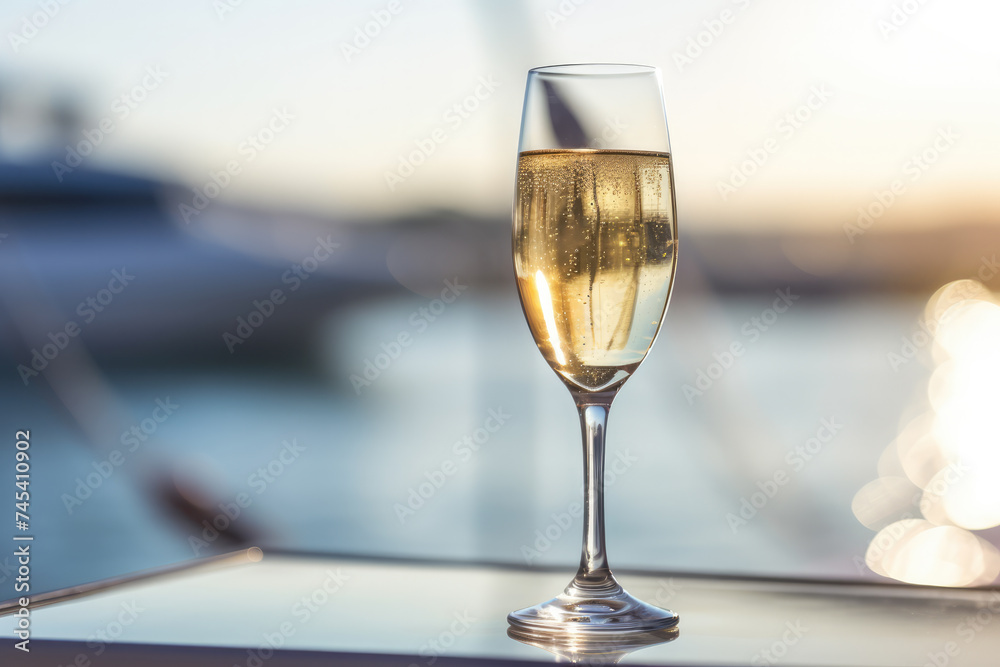glass of champagne with blurry background of yacht and water