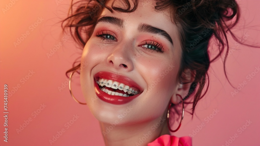 Joyful Young Woman with Braces Smiling Brightly. Generative ai Joyful Young Woman with Braces Smiling Brightly. Generative ai