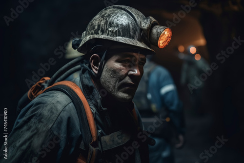 Coal miner with hard hat and headlamp in underground mine. © spyrakot
