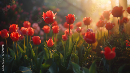 Tulipas vermelhas brilhantes em jardim com luz natural suave criando atmosfera dos sonhos photo