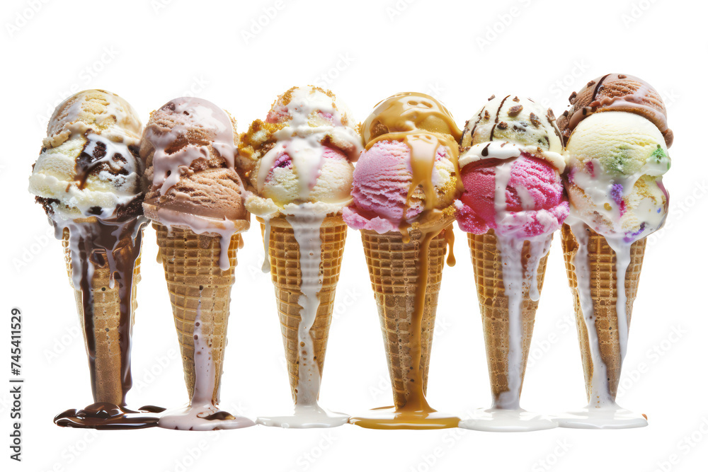 Variety of ice cream cones with melting scoops, cut out - stock png.