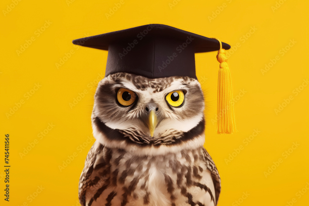 Obraz premium Owl in Graduation Cap on Bright Yellow Background