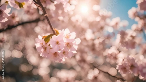 Delicate pink cherry blossoms bloom on branches, painting the springtime sky with their soft beauty photo
