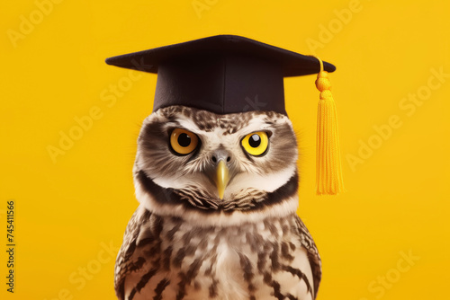 Owl in Graduation Cap on Bright Yellow Background