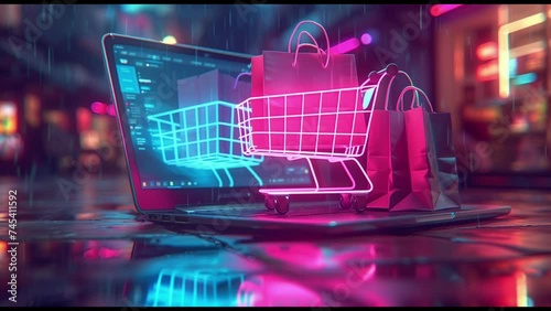 Shopping Cart on Laptop 3d render animation  photo