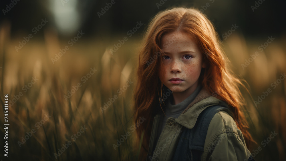 A young girl standing in a field of wheat or tall grass. She has red hair and freckles and wears a green jacket. A young girl standing in a field of wheat or tall grass. She has red hair and freckles and wears a green jacket.