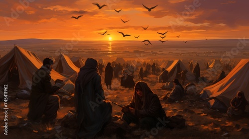 Nomadic ancient people on the seashore against the backdrop of sunset