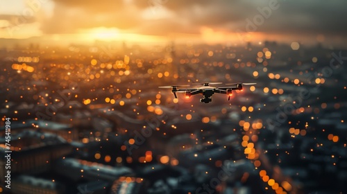 Advanced technology concept with a drone flying over a city during sunset, capturing the sparkling lights and busy urban life