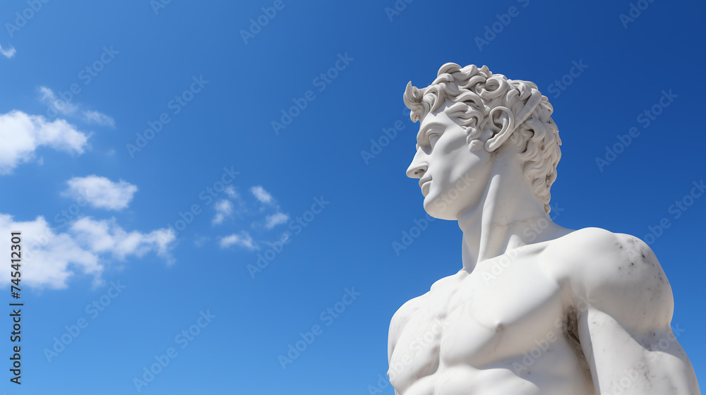 Ancient Greek God in Marble on Clear Blue Sky - White Marble Sculpture of Young Mythological Figure Ancient Greek God in Marble on Clear Blue Sky - White Marble Sculpture of Young Mythological Figure