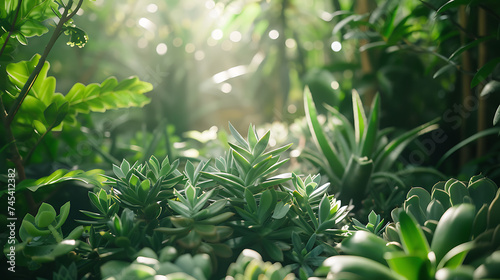 Um jardim exuberante de suculentas capturado em closeup com luz natural filtrando através das folhagens photo