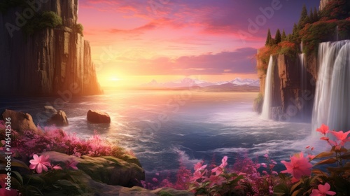 Fantasy landscape with majestic waterfalls and floral scenery. Dreamy nature backdrop.