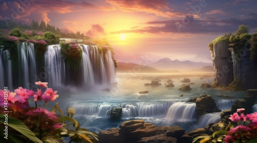 Tranquil nature landscape with waterfalls and sunrise. Scenic beauty and tranquility.