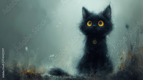 Mysterious Black Cat, Eerie Nighttime Scene with a Cat, The Cat's Eyes are Yellow, A Dark and Moody Atmosphere. photo
