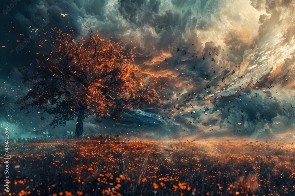 A lone tree with fiery leaves stands against a backdrop of swirling dark storms and vibrant flowers, evoking strength and resilience