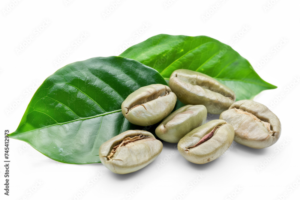 Fototapeta premium Unroasted raw green coffee beans with leaves, closeup detail isolated on transparent background. Generative AI
