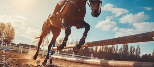 horse jumping a fence on a horse racing track photo