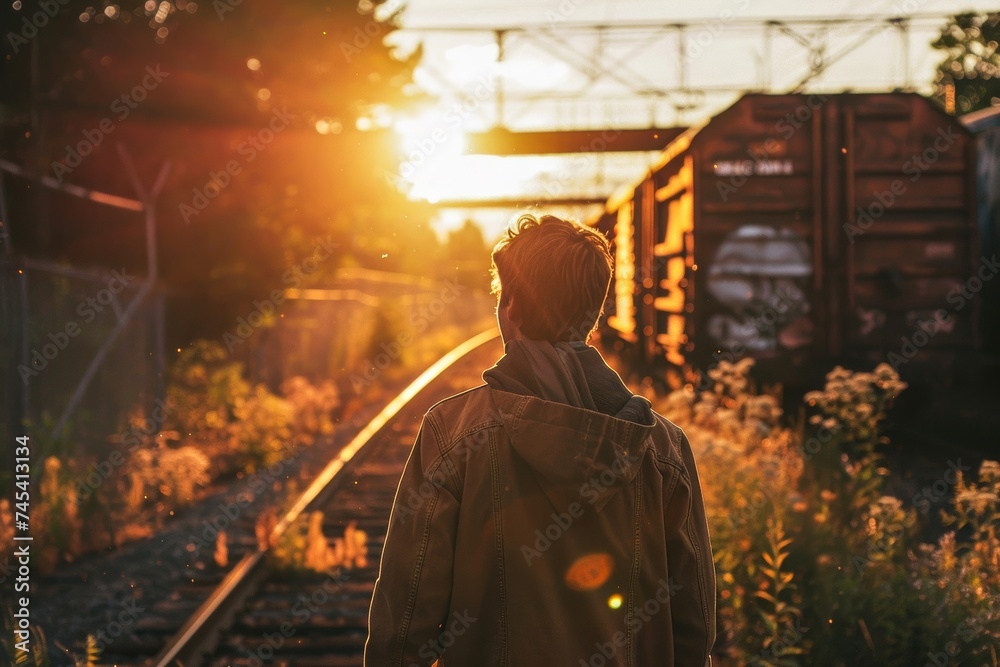 A person is seen from behind, walking along the railway tracks as the sun sets, highlighting exploration