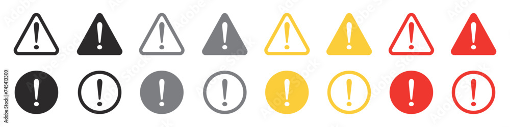 Set of caution signs. Caution alarm, fatal error message, exclamation mark. Triangle and circle warning, alert symbol. Vector. EPS10. Set of caution signs. Caution alarm, fatal error message, exclamation mark. Triangle and circle warning, alert symbol. Vector. EPS10.