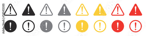 Set of caution signs. Caution alarm, fatal error message, exclamation mark. Triangle and circle warning, alert symbol. Vector. EPS10. photo