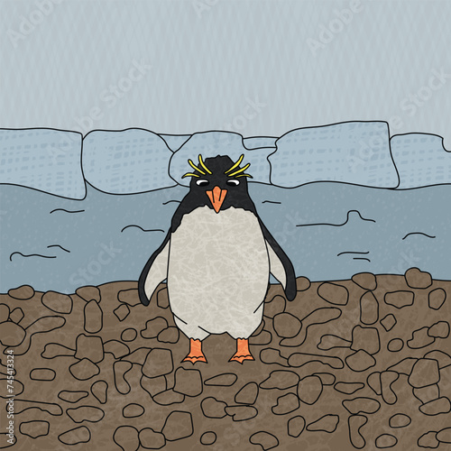 Macaroni penguin. Vector cartoon hand drawn illustration of the crested animal in Antarctica. Polar childish bird with textures near icebergs and blue ocean on the brown beach
