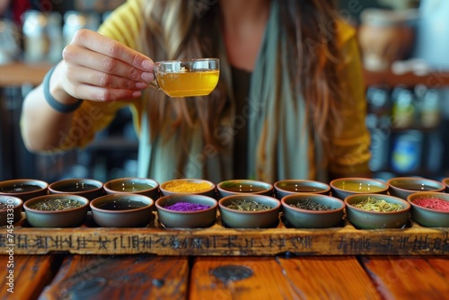 A woman holding a clear glass cup of yellow tea with an array of colorful tea leaves in small bowls on a wooden table.