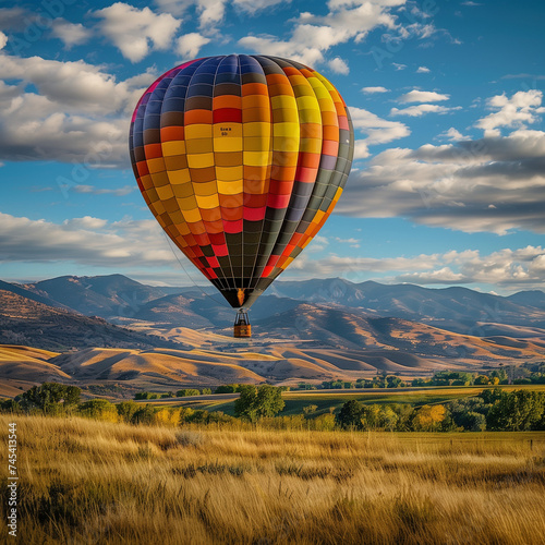 Colorful Hot Air Balloon Soaring Over Scenic Mountain Landscape
