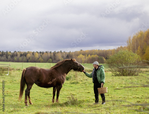 guy feeding a horse a treat from his hand on a farm