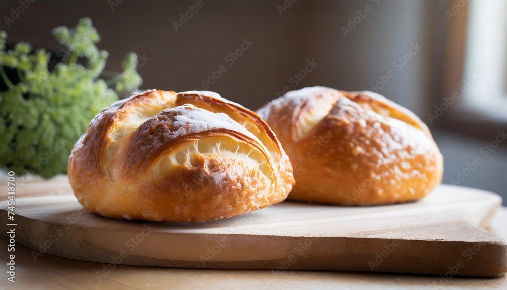 Two freshly-baked buns or baguette bread on wooden board.