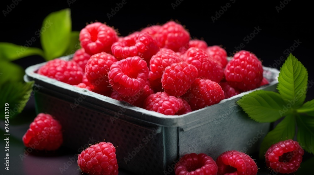 A box of fresh, sweet raspberries, close-up realistic photo Generative AI A box of fresh, sweet raspberries, close-up realistic photo Generative AI