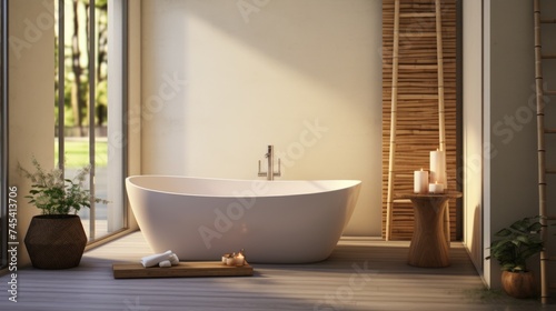 Generative AI A Japanese-style bathroom with a soaking tub  bamboo accents  and minimalist design. photorealistic