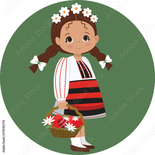 Cute girl wearing Romanian traditional costume with Easter eggs basket