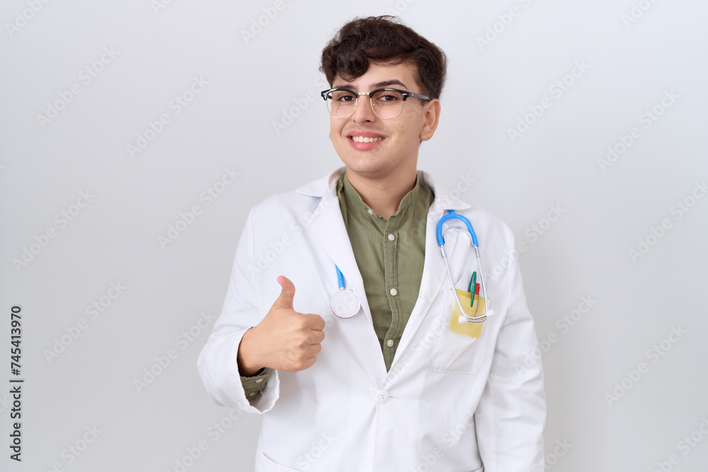 Young non binary man wearing doctor uniform and stethoscope doing happy thumbs up gesture with hand. approving expression looking at the camera showing success. Young non binary man wearing doctor uniform and stethoscope doing happy thumbs up gesture with hand. approving expression looking at the camera showing success.
