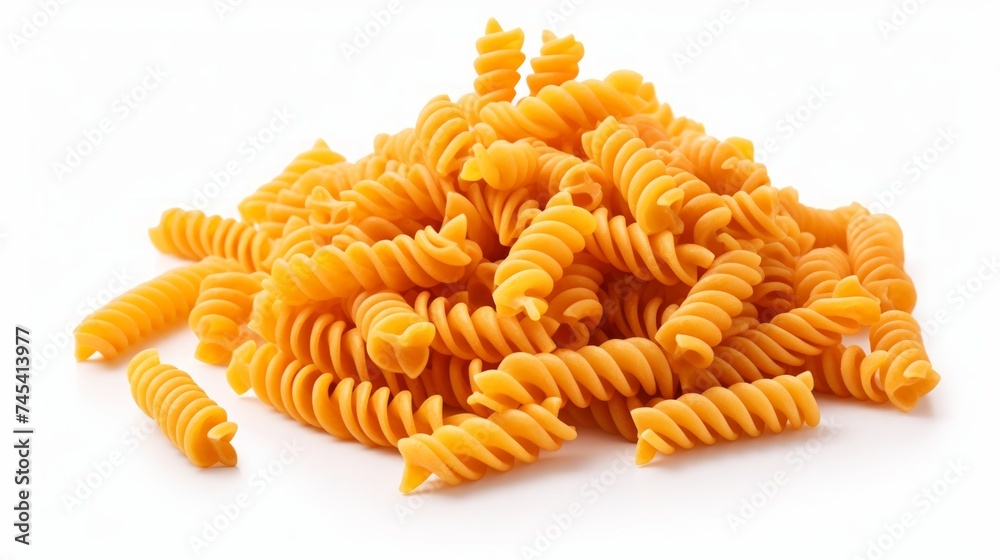 A close-up realistic photo of a heap of fusilli pasta on a white background Generative AI A close-up realistic photo of a heap of fusilli pasta on a white background Generative AI