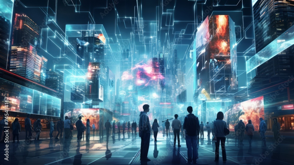 Generative AI A cybernetic cityscape illuminated by neon lights, augmented reality interfaces, and bustling crowds immersed in an advanced digital ecosystem