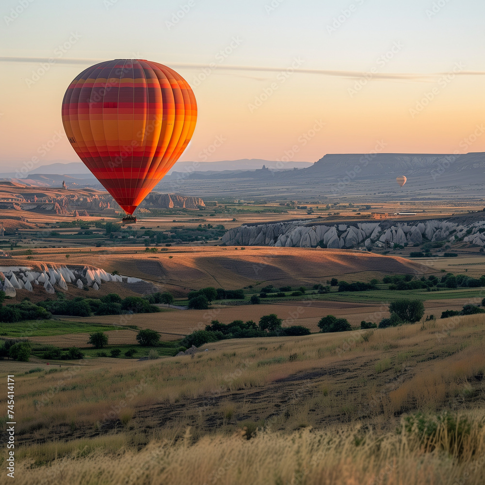 Serene Hot Air Balloon Flight Over Scenic Landscapes at Sunrise
