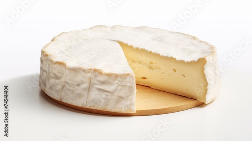 A creamy brie cheese showcased in a close-up realistic photo against a white background Generative AI