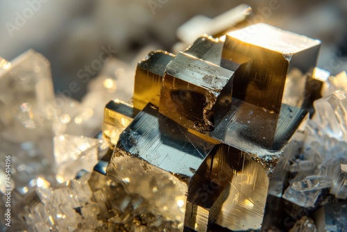 Macro photography of pyrite crystals with intricate cubic structures amidst other minerals.