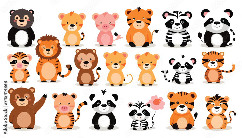 Cute wild animals set including lion, tiger, pig, bear, lioness, panda, monkey, zebra, and giraffe. Safari jungle animals vector. Woodland animal illustration Cute wild animals set including lion, tiger, pig, bear, lioness, panda, monkey, zebra, and giraffe. Safari jungle animals vector. Woodland animal illustration
