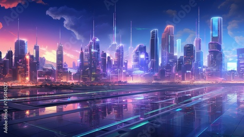 Generative AI A digital painting of a city skyline filled with holographic projections, advanced AI systems, and sustainable infrastructure set against a vibrant atmosphere © vadosloginov