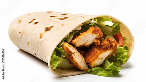 A flavorful chicken Caesar wrap showcased in a close-up realistic photo against a white background Generative AI