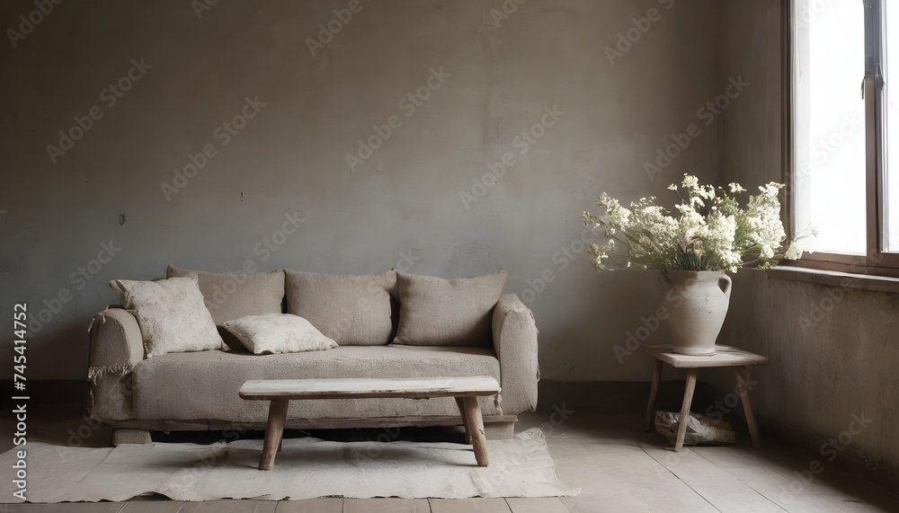 In a wabi-sabi-style living room with flowers on the table and by the window, sits a beige couch armchair. In a wabi-sabi-style living room with flowers on the table and by the window, sits a beige couch armchair.