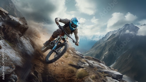 Generative AI A high-energy visualization showcasing a mountain biker descending a steep, rocky terrain, surrounded by breathtaking panoramic mountain views