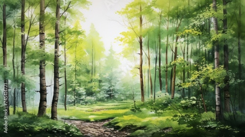 Generative AI A lush  green forest with towering trees and sunlight filtering through. landscape watercolor