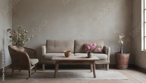 In a wabi-sabi-style living room with flowers on the table and by the window  sits a beige couch armchair. 