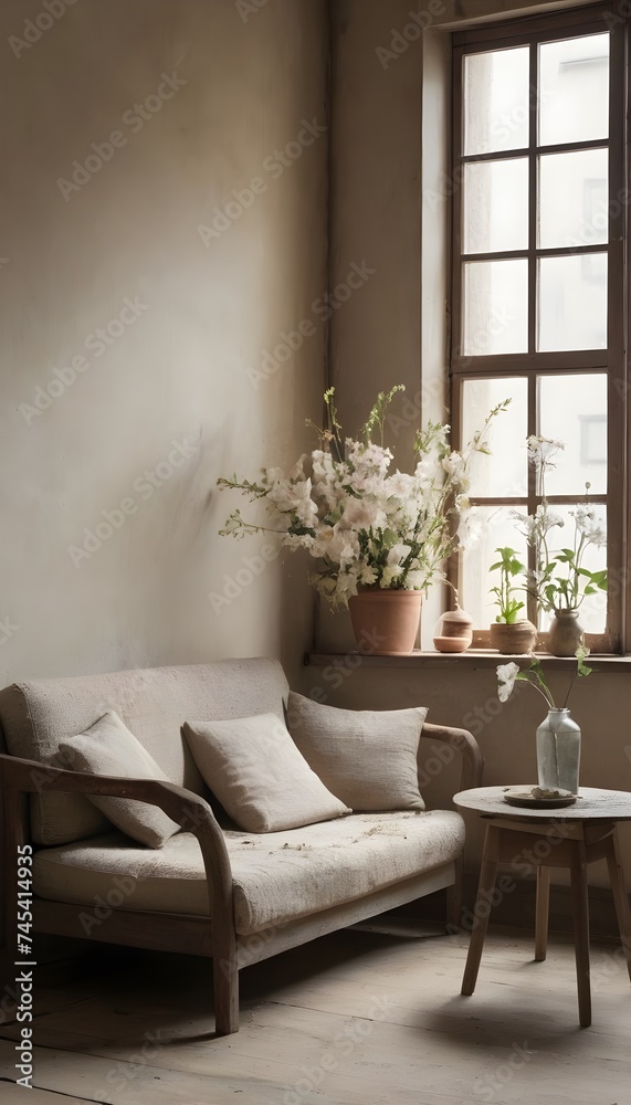 In a wabi-sabi-style living room with flowers on the table and by the window, sits a beige couch armchair. 
