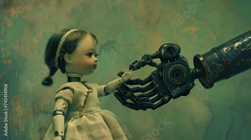 robot hand touching doll toy
