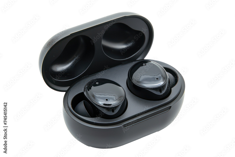 Modern wireless earbuds in charging case, cut out - stock png. Modern wireless earbuds in charging case, cut out - stock png.