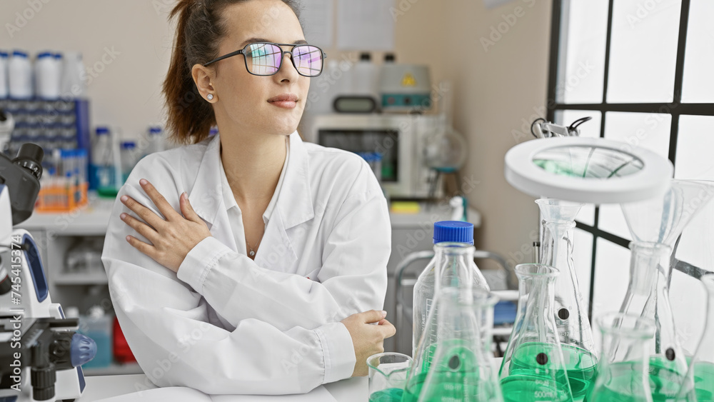 Fototapeta premium A contemplative hispanic woman scientist in a laboratory with microscope, glassware and bright window.